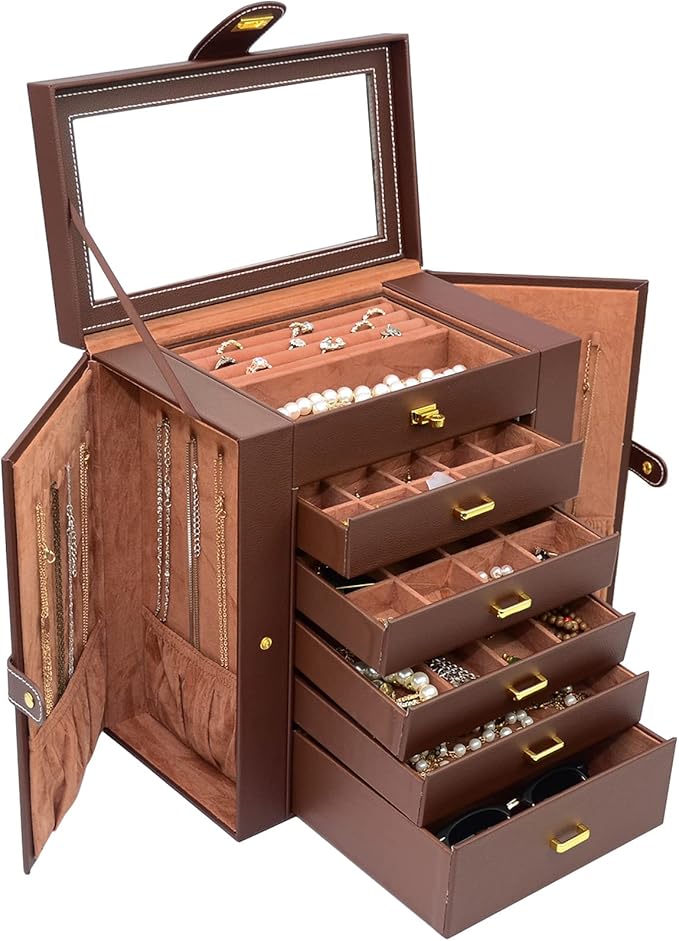 AKOZLIN Large 6-Tier Jewelry Box Organizer Functional Huge Lockable,5 Drawers Leather Jewelry Storage Case for Women Girls Ring Necklace Earring Bracelet Holder Organizer with Mirror Brown