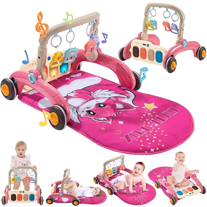 Baby Play Gym Walker Kick and Play Piano Gym for Boys Girls Play Mat Musical Tummy Time Mat Infant Christmas Newborn Gifts Toddlers (Fox Upgraded)