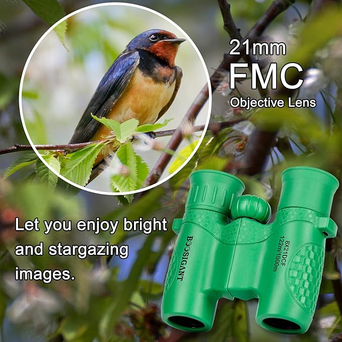 Binoculars for Kids 8x21, Gift for 3-12 Years Boys & Girls, Compact Kids Binoculars High-Resolution Shockproof Mini Binoculars for Bird Watching, Hiking, Camping, Travel Green 301