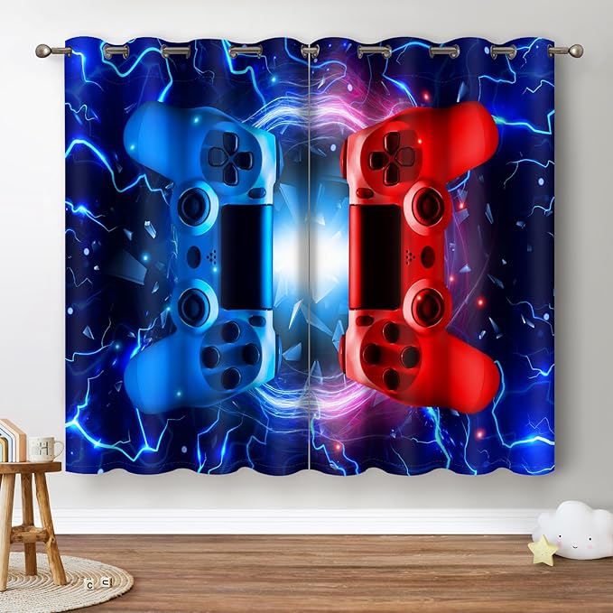 Jekeno Gamer Game Controller Blackout Curtains - Colorful Gaming Gamepad Decor for Kids Boys Teens Teenager Bedroom Home Living Room Darkening Grommet Window Drapes 2 Panel Set, 52"x63"