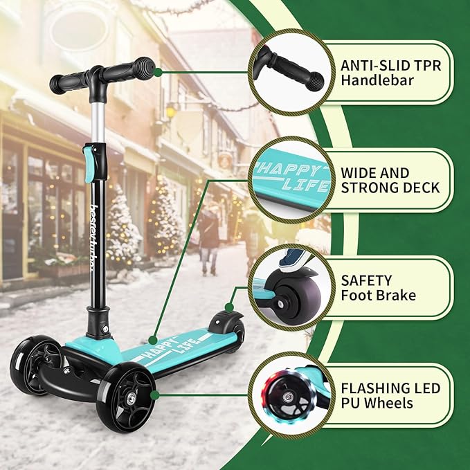 Besrey Kick Scooter for Kids Ages 3-10, 3-Wheel Folding Scooter with Adjustable Height, LED Light Wheels, Extra Wide Deck for Outdoor Activities