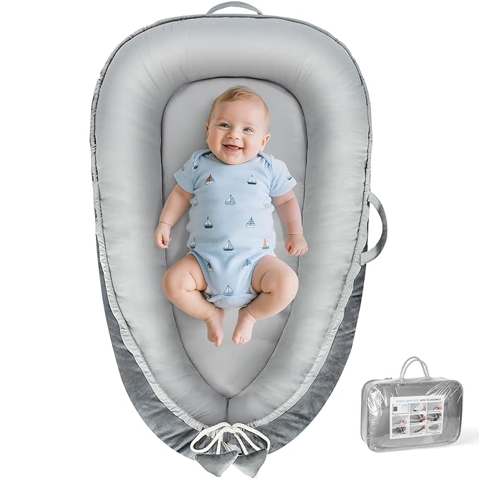 Baby Lounger - Baby Lounger for Newborn 0-24 Months, Breathable & Soft Cotton and Velvet Cover Baby Nest, Portable Tummy Time Lounger for Home and Travel, Ideal Baby Essentials & Shower Gifts