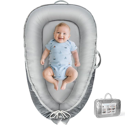 Baby Lounger - Baby Lounger for Newborn 0-24 Months, Breathable & Soft Cotton and Velvet Cover Baby Nest, Portable Tummy Time Lounger for Home and Travel, Ideal Baby Essentials & Shower Gifts