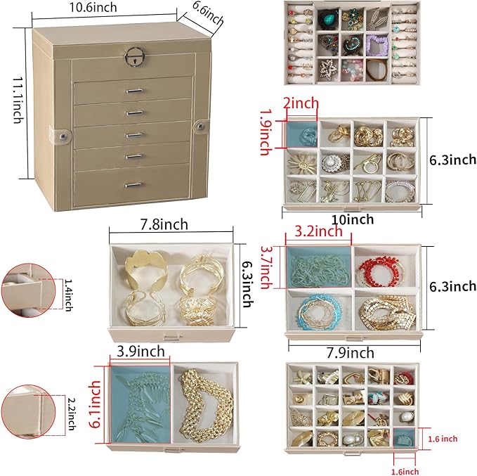 BOOVO Jewelry Box For women, 6 Layer Large Jewelry Organizer With Mirror, Multi-Function Storage Box With Lock, Accessory Holder With 5 Drawers, For Earrings Necklace Ring Bracelet (Pale gold)
