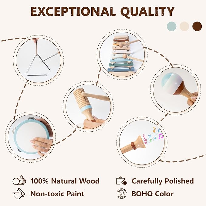 Baby Musical Instruments | Montessori Wooden Toys for Toddlers, Neutral Color Percussion Instruments Set with Modern Boho Xylophone Tambourine, Educational Musical Toys for Boys Girls 3+