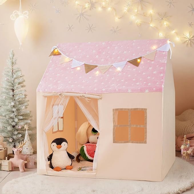 INFANS Kids Play Tent with Glow in The DarkWashable Mat Star Light Windows, Anti-Trip Large Playhouse Toys for Children Boys Girls, Indoor Outdoor Princess Tents Castle for Toddlers (Fluorescent Pink)