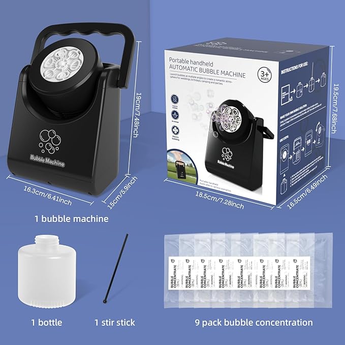 Bubble Machine Automatic Bubble Blower for Kids Batteries Operated Portable Bubble Maker Electric Bubble Machine Adjust Angle by 90° Indoor Outdoor Toy for Birthday Party Wedding (Portable Black)