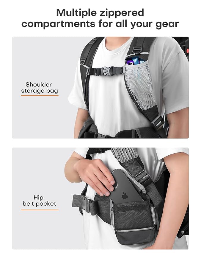 besrey Baby Backpack Carrier, Toddler Hiking Backpack with Safety 3-Height Seat, Adjustable Straps&Waist Belt, Foldable Frame Lightweight Large Capacity Child Carrier for Hiking (Black/Grey)