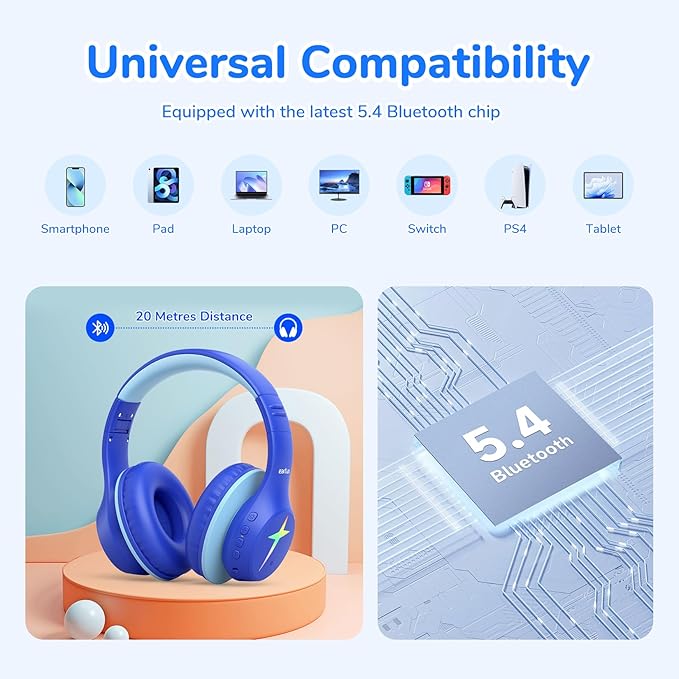 EarFun K4 Kids Bluetooth Headphones, Wireless Headphones with LED Lights, 74/85/94dBA Volume Limited, Built-in Mic, 90H Playtime, Bluetooth 5.4 Over Ear Headphone for iPad/Tablet/PC/School