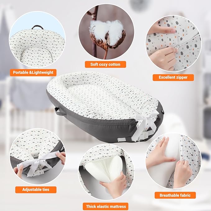 JOLLITO Baby Lounger for Baby Girls & Boys, Infant Lounger Cover, Newborn Essentials for Baby 0-12 Months, Baby Play Mat,100% Cotton Breathable, Portable Travel, Babies Essentials Gifts