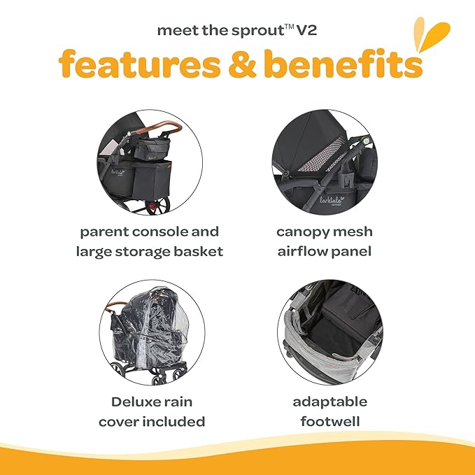 Larktale Adjustable Stroller, 2 Seater Kids Wagon, 120 Pound Capacity, Sprout V2, Black