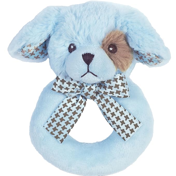 Bearington Baby Lil' Waggles, 5.5 Inch Blue Puppy Dog Plush Stuffed Animal, Soft Baby Boy Rattle - Newborn Boy Toys - Newborn Rattle