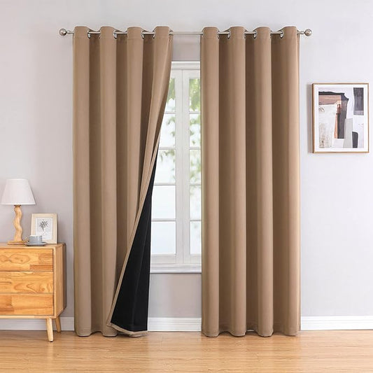 ChrisDowa 100% Blackout Curtains for Bedroom with Black Liner, 2 Thick Layers Total Blackout Thermal Insulated Grommet Long Window Curtains 2 Panels Set (Cappuccino, 52 x 95 Inch)