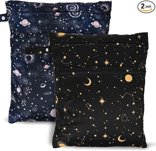 2pcs Travel Waterproof Laundry Bag, Cloth Diaper Wet Dry Bags with Handle & 2 Zipper Pockets, Reusable Washable Dirty Clothes Bag for Baby Adult Travelling Hanging, Bathing Beach Pool Daycare