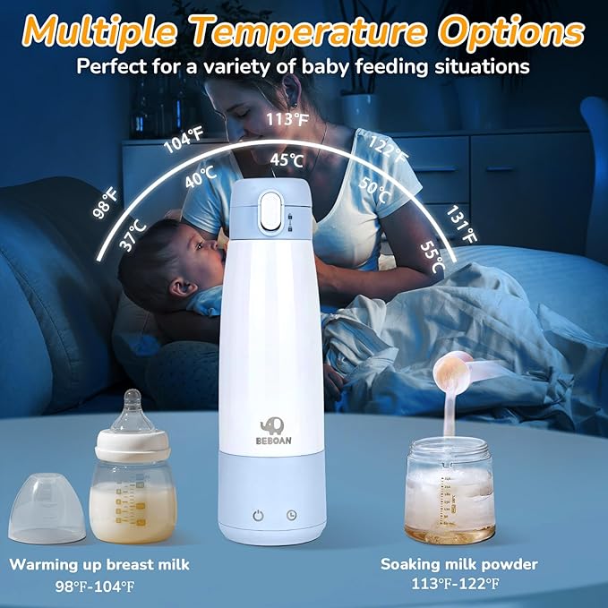 BEBOAN Portable Bottle Warmer for Travel On The Go, Portable Milk Warmer 5-Temp Setting with Lock 12oz Large Capacity, Cordless for Heating Breast Milk Charging with 55w Charger to Get Fast Charging