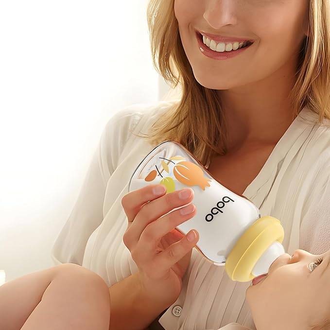 YOHKOH Natural Glass Baby Bottle with Natural Response Nipple, Newborn Anti-Colic Baby Bottles, Wide Neck Mushroom Cap Baby Bottle, Clear (Yellow, (5.4oz (Pack of 2))