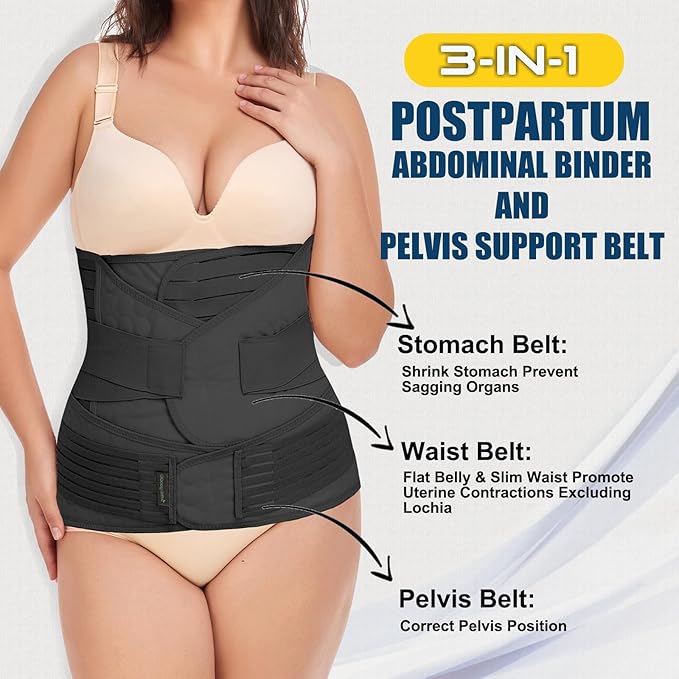 ChongErfei 3 in 1 Postpartum Belly Wrap - Recovery Belly/Waist/Pelvis Belt Black Postpartum Belly Band,Black L