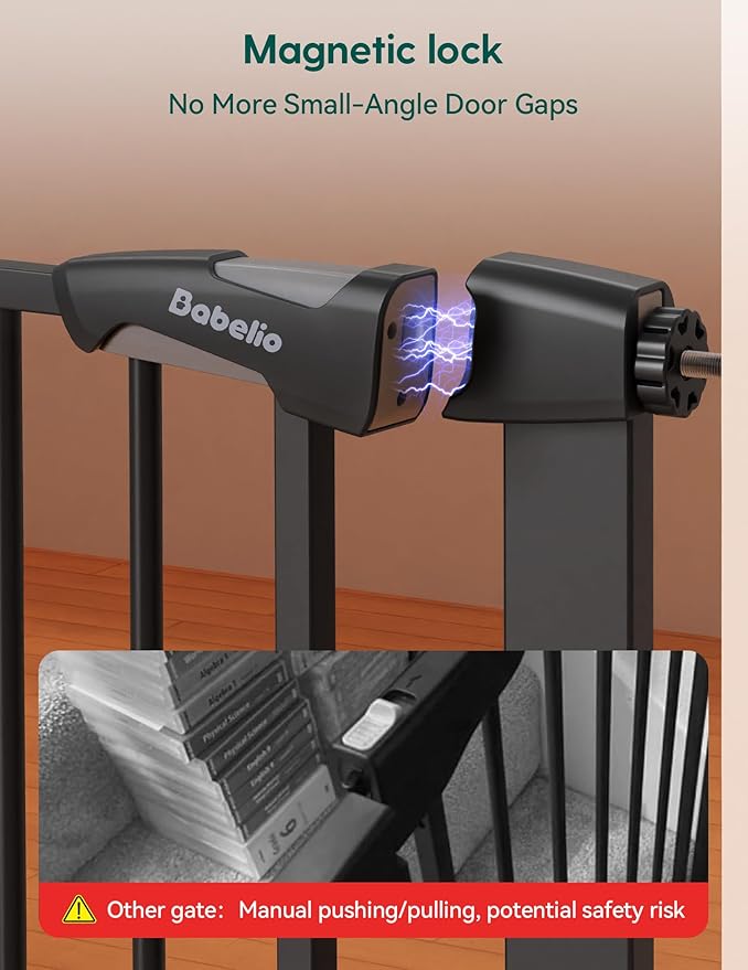 Babelio 29-43" Magnetic Baby Gate for Stairs,Doorways House,Kitchen,30" Tall Pet Barrier with Baffles,Pressure Mounted & Dual-Lock Design Safety for Kids Toddler,Auto-Close/Hold-Open,Black