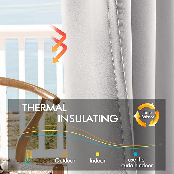 ANRODUO Back Tab Blackout Curtains for Bedroom Living Room, Rod Pocket Pinch Pleated Thermal Insulated Room Darkening Curtains 96 Inches Long 2 Panels, Greyish White, 42 x 96 Inch