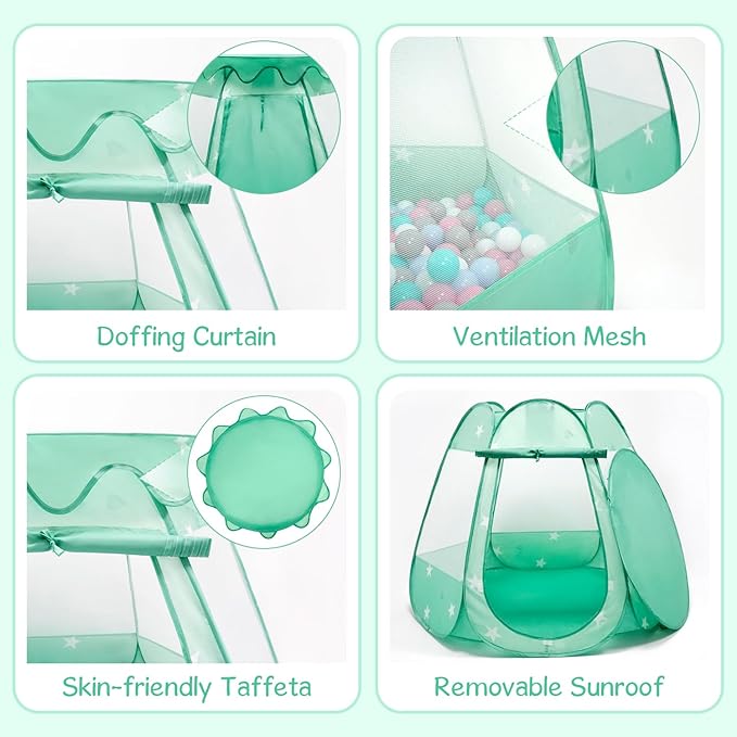 Baby Ball Pit for Toddler with 50 Balls, Pop Up Tent Kids with Star Lights for 1 2 3 Year Old Birthday Gift, 12-18 Months Baby Girl Toys with Carrying Bag, Indoor&Outdoor Play Tent for Kids(Green)