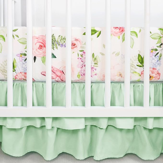 4-Piece Crib Bedding Set, Baby Girl Crib Bedding Set Butterflies Floral Nursery Bedding Set Includes Comforter, Fitted Crib Sheet, Crib Skirt, and Diaper Stacker, Green & Pink