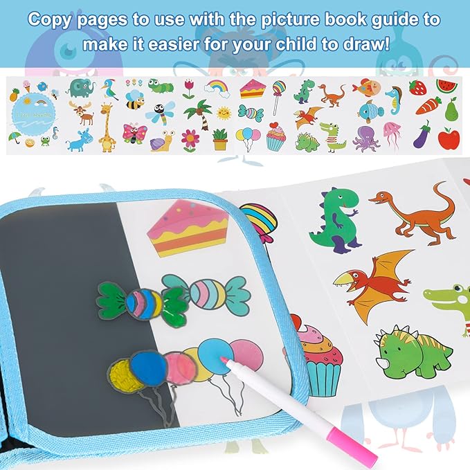 Erasable Doodle Set for Kids - Reusable Magic Drawing Book with 12 Watercolor Pens 14 Page Drawing, Road Trip Car Game Writing Painting Set for Boys and Girls (Monsters)