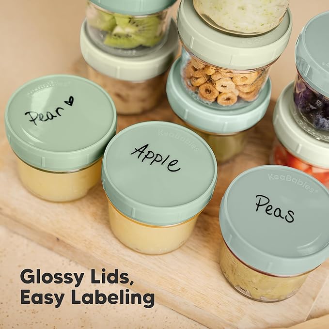 KeaBabies 6pk 4oz Glass Baby Food Containers with Lids - Leak-Proof, Microwavable Small Glass Jars, Baby Purees & Toddler Snack Storage Containers, BPA-Free, Dishwasher & Freezer Safe (Sage)