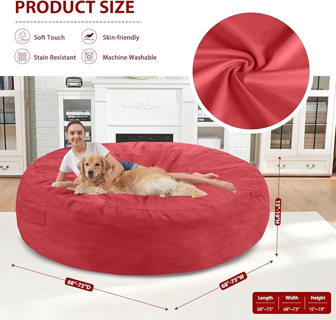 7FT Bean Bag Chair, Large Bean Bag Chairs with Memory Foam Filled, Fluffy Beanbag Sofa with Dutch Velvet Cover, Round BeanBag Chairs for Living Room, Playroom - Red