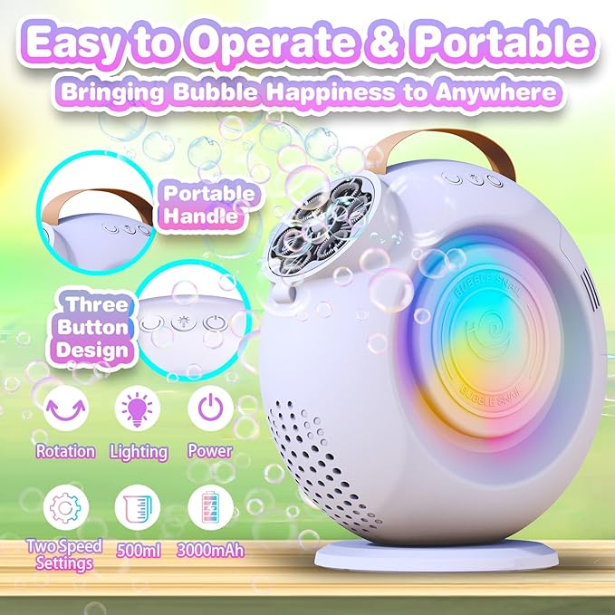 Bubble Machine, Automatic Bubble Maker Rechargeable, 15000+ Big Bubbles per Min, Colorful LED Lights, 90° 360° Rotatable Portable Electric Bubbles Toy for Kids Toddlers, Outdoor Wedding Party Gifts