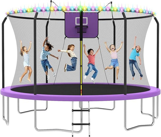 8FT 10FT 12FT 14FT Outdoor Trampoline with Basketball Hoop and LED Lights, ASTM Approved Recreational Trampolines for Kids and Adults with Net and Ladder
