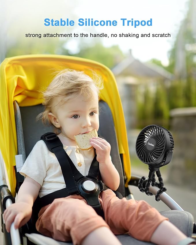 Stroller Fan Clip on for Baby, 4000mAh Rechargeable Battery Operated, Flexible Tripod, 3 Wind Speed, 360° Rotatable, Small Cooling Portable Fan for Car Seat Crib Golf Cart Bike Treadmill, Black