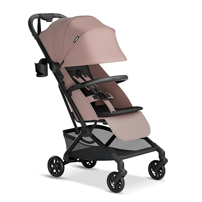 Mompush Velo Lightweight Travel Stroller – One-Hand Fold, Ultra-Compact & Airplane Friendly, Lie-Flat Recline Seat (from Birth to 50 lbs), Includes Cup Holder, Shoulder Strap, and Leather Bumper Bar