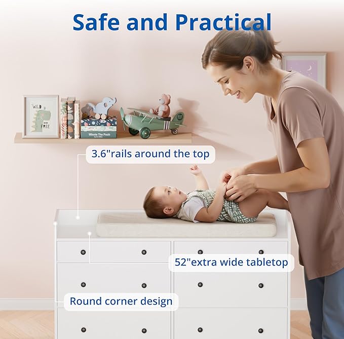 Cozy Castle Baby Dresser with 6 Drawers and Large Table Top, Multi-Functional Chest of Drawer, Drawer Dresser with Three-Sided High Rails for Nursery, Children's Room, Bedroom, White