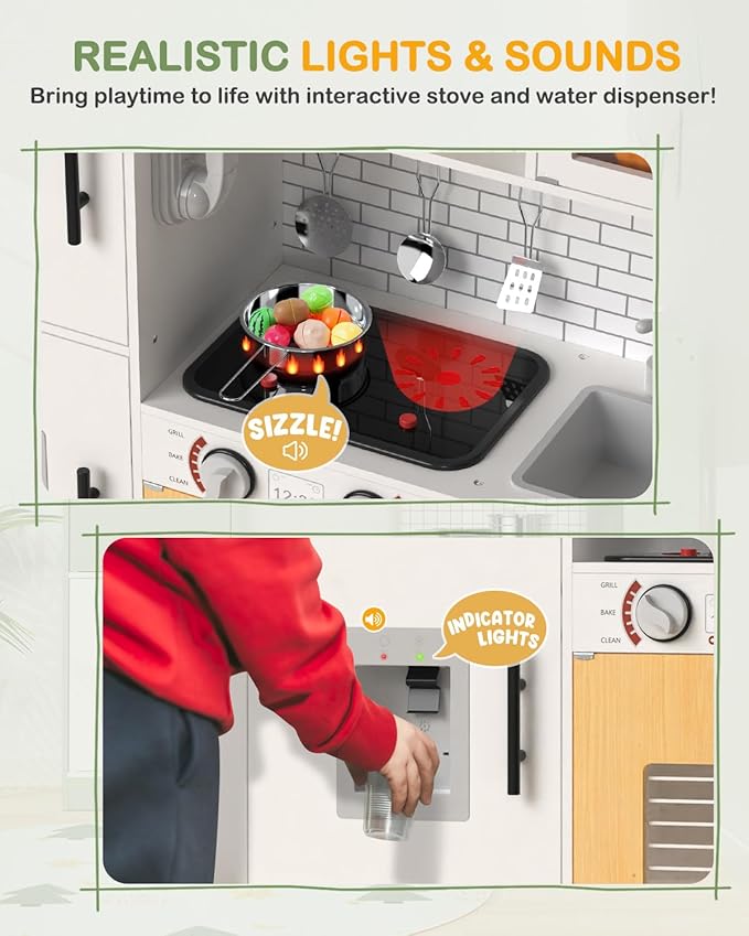 Babytronic Wooden Kitchen Playset for Kids, Interactive Play Kitchen with Lights & Sounds, Children Pretend Toy Kitchen Set with Faucet, Oven, Microwave, Kitchenware for Toddlers Ages 3+ (White)