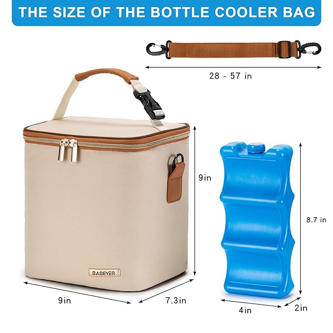 Breastmilk Cooler Bag with Ice Pack Fits 6 Baby Bottles Up to 9 Ounce, Baby Bottle Bag with Shoulder Strap for Nursing Mom Daycare, Cream