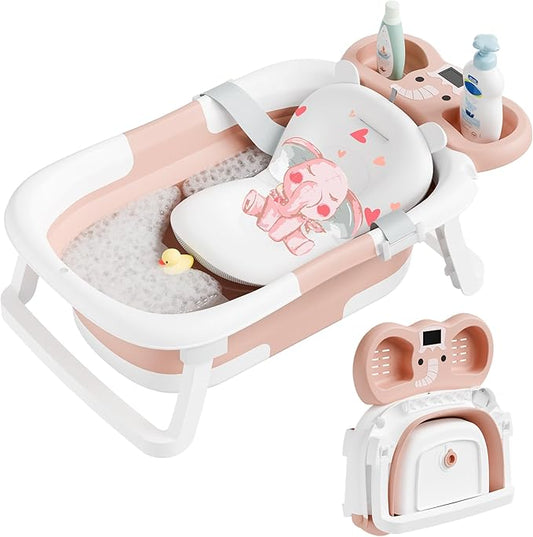 Collapsible Baby Bathtub,Baby Bath Tub with Soft Cushion & Thermometer,Baby Bathtub Newborn to Toddler 0-36 Months,Portable Travel Baby Tub
