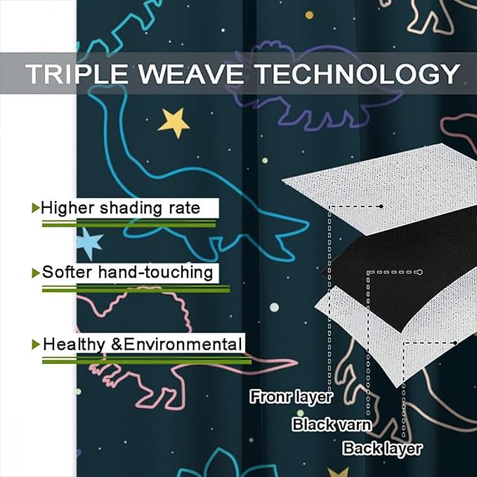 Cartoon Colorful Dinosaur Curtains for Boys Girls Home Decor, Astronaut Funny Outer Space Star Blackout Rod Pocket Window Drapes for Bedroom Living Room W21xL45in Decor