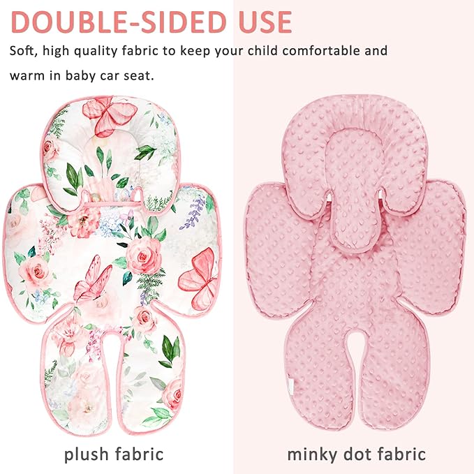 2 in 1 Infant Car Seat Insert, Adjustable Car Seat Head Support Baby Girls Boys, Soft Newborn Carseat Insert Cushion, Perfect for Carseats, Strollers, Swings (Pink Flower)