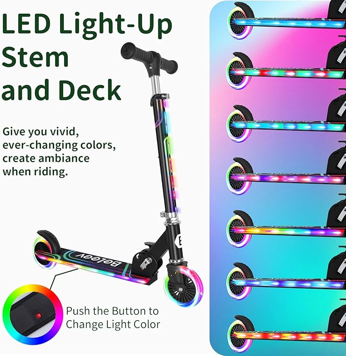 BELEEV V2 Scooters for Kids with Light-Up Wheels & Stem & Deck, 2 Wheel Folding Scooter for Girls Boys, 3 Adjustable Height, Non-Slip Pattern Deck, Lightweight Kick Scooter for Children Ages 3-12