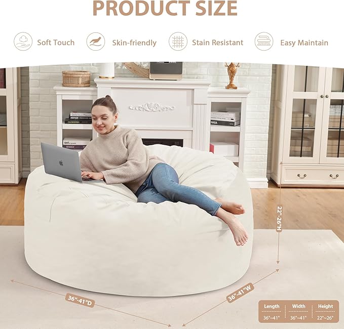 3FT Bean Bag Chair, Comfy Bean Bag Chairs with Memory Foam Filled, Fluffy Beanbag Sofa with Dutch Velvet Cover, Round BeanBag Chairs for Living Room, Playroom - Beige