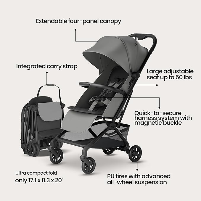 Mompush Velo Lightweight Travel Stroller – One-Hand Fold, Ultra-Compact & Airplane Friendly, Lie-Flat Recline Seat (from Birth to 50 lbs), Includes Cup Holder, Shoulder Strap, and Leather Bumper Bar