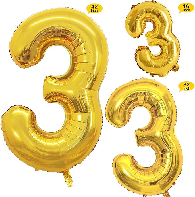 GOER Gold Foil Balloons Number 3,Huge Number Balloons for 3rd Birthday Party Supplies Anniversary Decorations(3 pcs,42 inch,32 inch,16inch)