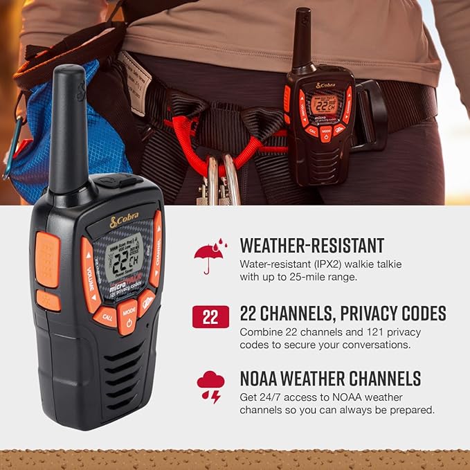 Cobra ACXT345 Weather-Resistant Walkie Talkies & Compatible Cobra Surveillance Headset - Rechargeable, 22 Channels, Long-Range, 2 Two-Way Radios, 2 Headsets, Black/Orange