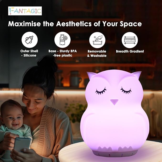 Combined Bluetooth Speaker & Nightlight With 9 Color Emissions, Child Friendly Silicone & BPA Free, USB Recharging, Receives Audio From Computer, Phone Or Tablet, and includes Remote Control (Owl)