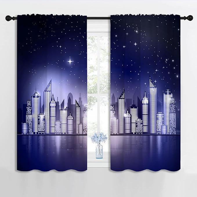 City Rod Pocket Blackout Curtains for Boy Girl Bedroom, New York Skyline Modern City Starry Sky Night View Thermal Insulated Home Window Drapes for Living Room Darkening, 42x45 inch