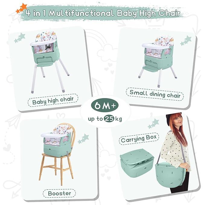 4 in 1 Portable Baby High Chair,Convertible Highchair for Babies and Toddlers-Foldable Infant Booster Seat,Carry Small Box,Dining Chair,Toddler High Chair with 5-Point Harness,Removable Tray-Green