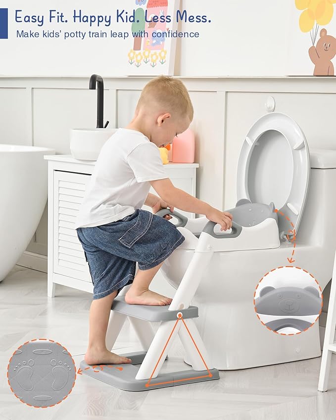 Forbena Toddler Potty Training Seat with Step Stool Ladder, Toilet Potty Seat for Baby Boys Girls Toddlers, Kids Chair Stairs with Handles and Soft Cushion (White and Grey)
