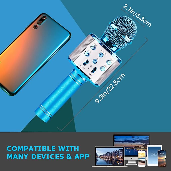 BlueFire 4 in 1 Karaoke Wireless Microphone with LED Lights, Portable Microphone for Kids, Great Toys for Kids, Girls, Boys and Adults (Blue)