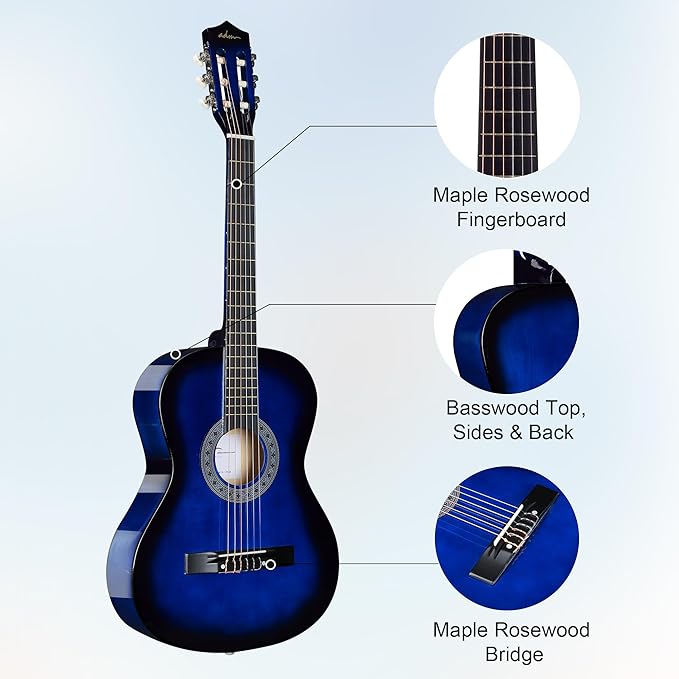 ADM Beginner Acoustic Classical Guitar 38 Inch Nylon Strings Wooden Guitar Bundle Kit for Kid Boy Girl Student Youth Guitarra Online Lessons with Gig Bag, Strap, Tuner, Strings, Blue