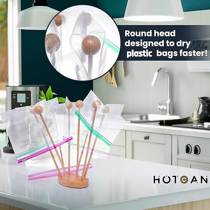 Beech Wood Plastic Bag Drying Rack - Reusable Bag & Bottle Dryer, Space-Saving Design for Kitchen, Easily Assembled and Disassembled for Storage